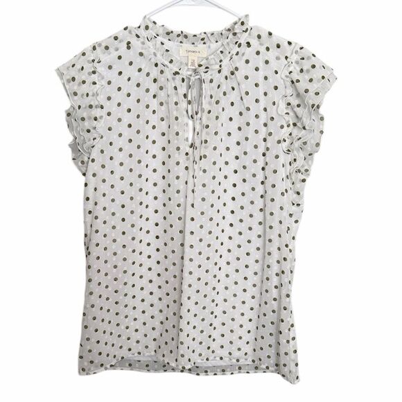 Tops - Tamara H Tie-Neck White and Olive Polka Dot Ruffle Sleeveless Blouse. Size Large